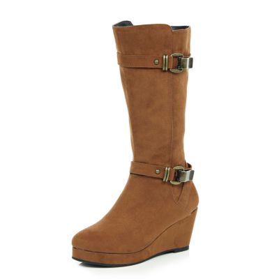 Girls brown knee high wedge boots
